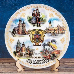 Talerz pamiątkowy ścienny ceramiczny Kraków zabytki 20 cm z podstawką i wieszakiem (MT) 