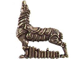 Hand-sculpted metal souvenir fridge magnet (MM) with monochrome plating options Vilnius The Iron Wolf