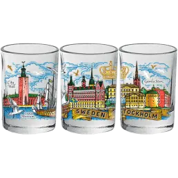 Cylindriskt snapsglas med panoramadekal med collage av Stockholms sevärdheter 50 ml WG-001